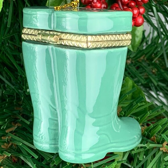 Green Wellies Boots Porcelain Hinged Trinket Box Christmas Ornament - Picture 4 of 6